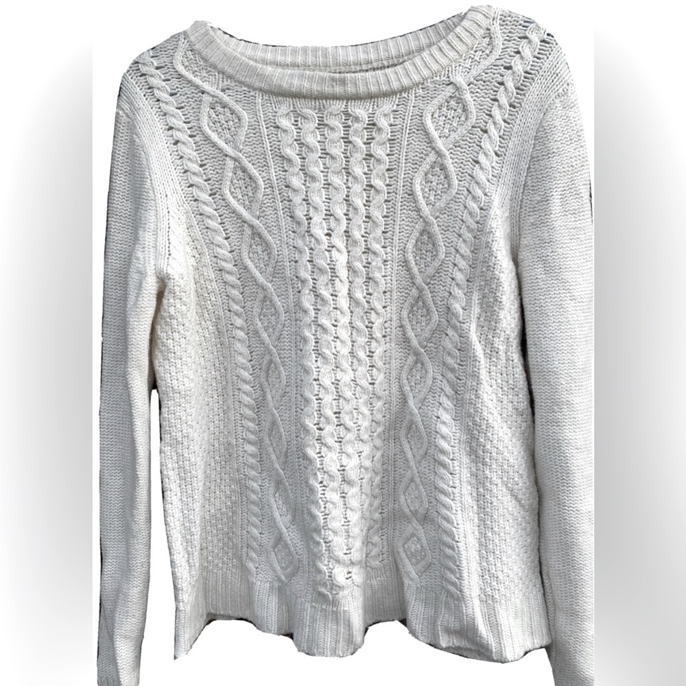 J. Crew Cable Knit Chunky Crew Neck Wool Blend Sweater White Pullover M